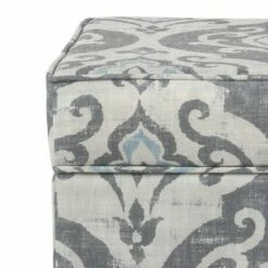 Wooden Hidden Storage Ottoman with Patterned Fabric Upholstery Gray/Blue - Benzara