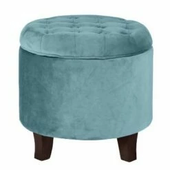 Button Tufted Velvet Upholstered Wooden with Hidden Storage Ottoman - Benzara Blue/brown