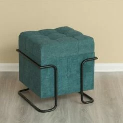 Fabulaxe Square Fabric Storage Ottoman with Black Metal Frame
