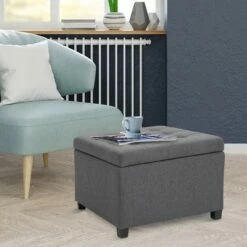 HOMCOM Fabric Tufted Storage Ottoman with Flip Top Seat Lid, Metal Hinge and Stable Rubberwood Frame for Living Room, Entryway, or Bedroom, Grey