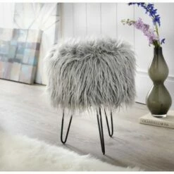 Patrice Faux Fur Stool - Buylateral Gray
