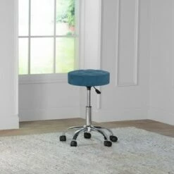 24.5" Nora Tufted Backless Adjustable Metal Vanity and Office Stool with Casters - Hillsdale Furniture Blue -Ottomans Official Shop unnamed file 10255