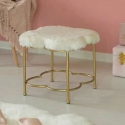 Ottomans Official Shop 16 Fabulaxe Cloud Shaped White Fur Gold Vanity Stool