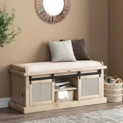 Niemi Rustic Storage Bench with Cushion Beige/ Natural/Black - Christopher Knight Home