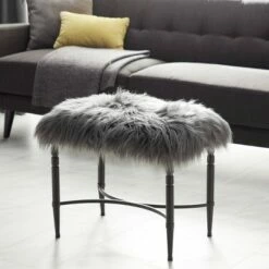 Olivia & May Modern Faux Fur Cushioned Stool Gray - Olivia & May
