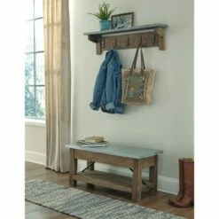 Millwork Bench with Coat Hook Shelf Wood and Zinc Metal Silver/Light Amber - Alaterre Furniture -Ottomans Official Shop unnamed file 2537