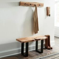Alaterre Furniture Alpine Natural Brown Live Edge Bench with Coat Hook Set Metal And Wood