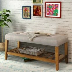 Wooden Bench Light Gray/Brown - Benzara -Ottomans Official Shop unnamed file 2673