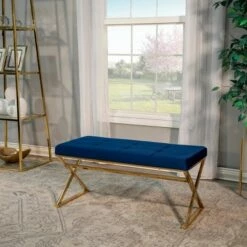 Rectangle X Legs Velveteen Bench Blue/Gold - Sagebrook Home -Ottomans Official Shop unnamed file 2686