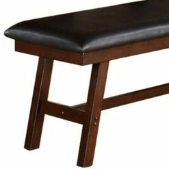 Large Rubber Wood Bench with Faux Leather Upholstery Brown - Benzara