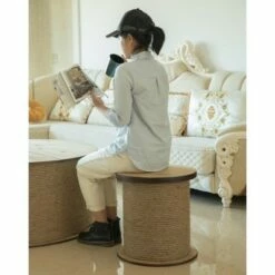 Vintiquewise Decorative Round Spool Shaped Wooden Stool with Rope