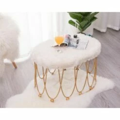Fabulaxe Set of 2 Gold Metal Side Accent Table Stools with White Fur Top Seat