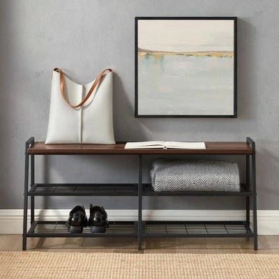 42" Urban Industrial Metal and Wood Entry Bench - Saracina Home Gray Wash 4 42" Urban Industrial Metal and Wood Entry Bench - Saracina Home Gray Wash - Image 2