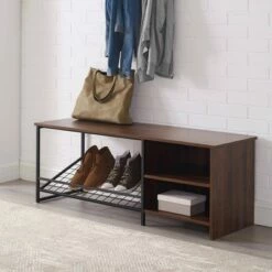 48" Urban Industrial Entry Bench with Shoe Storage - Saracina Home Dark Walnut