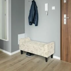 HOMCOM 41" Modern Linen Armed Entryway Bench Signature Print with Cream White Parchment Background