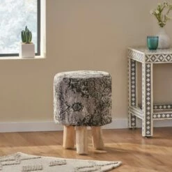 Ewell Handcrafted Boho Jacquard Stool Black/Beige/Natural - Christopher Knight Home