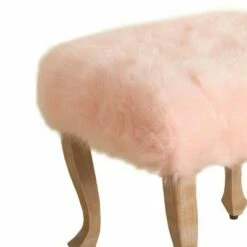 Square Wooden Stool with Faux Fur Upholstered Seat and Cabriole Legs Pink/Brown - Benzara