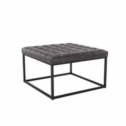 28" Square Button Tufted Metal Ottoman - WOVENBYRD Distressed Black Faux Leather