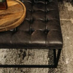 28" Square Button Tufted Metal Ottoman - WOVENBYRD Distressed Black Faux Leather -Ottomans Official Shop unnamed file 4293