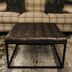 28" Square Button Tufted Metal Ottoman - WOVENBYRD Distressed Black Faux Leather -Ottomans Official Shop unnamed file 4297