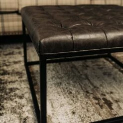 28" Square Button Tufted Metal Ottoman - WOVENBYRD Distressed Black Faux Leather -Ottomans Official Shop unnamed file 4300