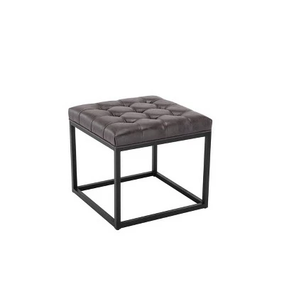 18" Square Button Tufted Metal Ottoman - WOVENBYRD Distressed Black Faux Leather 3 18" Square Button Tufted Metal Ottoman - WOVENBYRD Distressed Black Faux Leather