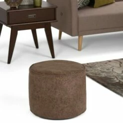 Talia Round Pouf Distressed Brown Faux Leather - WyndenHall