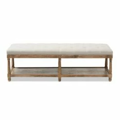 Celeste French Country Weathered Oak - Linen Upholstered Ottoman Bench Beige - Baxton Studio