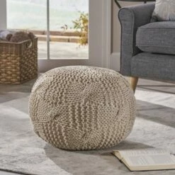 Anouk Knitted Cotton Pouf - Christopher Knight Home Beige
