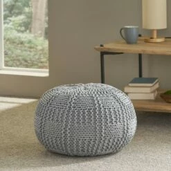 Hortense Modern Knitted Cotton Round Pouf - Christopher Knight Home Ivory