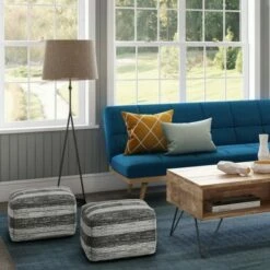 Portia Square Pouf - WyndenHall Patterned Blue Melange