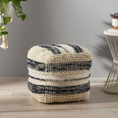 Hambo Contemporary Wool and Cotton Pouf Ottoman White/Blue - Christopher Knight Home 8 Hambo Contemporary Wool and Cotton Pouf Ottoman White/Blue - Christopher Knight Home - Image 6