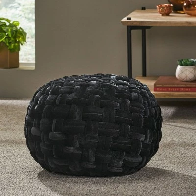 Negley Modern Glam Cable Weave Velvet Round Pouf - Christopher Knight Home Black 3 Negley Modern Glam Cable Weave Velvet Round Pouf - Christopher Knight Home Black