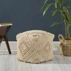 Brower Boho Wool and Cotton Ottoman Pouf Ivory - Christopher Knight Home