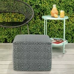 Laurene Square Woven PET Polyester Pouf Gray/White - WyndenHall