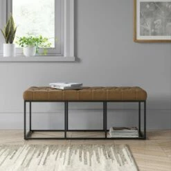 Trubeck Tufted Metal Base Bench Faux Leather Brown - Project 62™