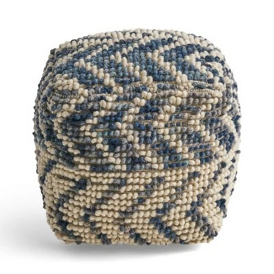 Freesia Boho Wool and Cotton Large Ottoman Pouf White/Blue - Christopher Knight Home 3 Freesia Boho Wool and Cotton Large Ottoman Pouf White/Blue - Christopher Knight Home