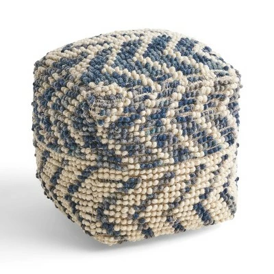 Freesia Boho Wool and Cotton Large Ottoman Pouf White/Blue - Christopher Knight Home 4 Freesia Boho Wool and Cotton Large Ottoman Pouf White/Blue - Christopher Knight Home - Image 2
