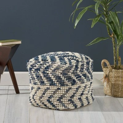 Freesia Boho Wool and Cotton Large Ottoman Pouf White/Blue - Christopher Knight Home 8 Freesia Boho Wool and Cotton Large Ottoman Pouf White/Blue - Christopher Knight Home - Image 6