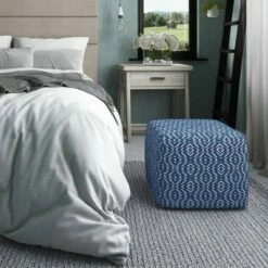 Wentworth Square Pouf - WyndenHall Patterned Teal/natural