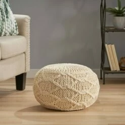 Morven Handmade Boho Fabric Pouf Cream - Christopher Knight Home