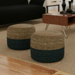 Maron Round Pouf Teal/ Natural - WyndenHall