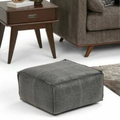 Polly Square Pouf Distressed Black Faux Leather - WyndenHall