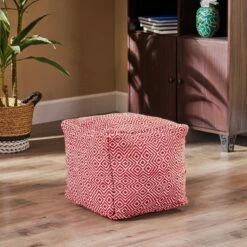 Banner Modern Boho Pouf Ivory/Red - Christopher Knight Home