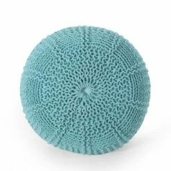 Hortense Modern Knitted Cotton Round Pouf - Christopher Knight Home Blue -Ottomans Official Shop unnamed file 5943