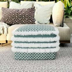 Ari Square Woven PET Polyester Pouf Turquoise/White - WyndenHall