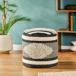 Lucknow Boho Handcrafted Fabric Cylinder Pouf - Christopher Knight Home White/denim Blue