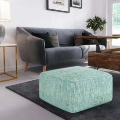 Terri Square Pouf Patterned Aqua Melange - WyndenHall