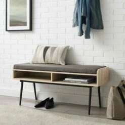 Mid-Century Modern 44" Open Storage Entry Bench - Saracina Home Dark Walnut/oatmeal -Ottomans Official Shop unnamed file 602