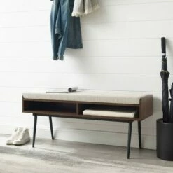 Mid-Century Modern 44" Open Storage Entry Bench - Saracina Home Dark Walnut/oatmeal -Ottomans Official Shop unnamed file 603